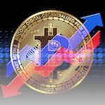 goldene Bitcoin mit Pfeilen in blau und rot