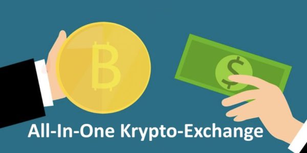 Zwei Hände reichen sich im Austausch einen Bitcoin und einen Dollarschein