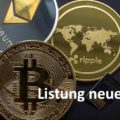 Münzen der drei Kryptowährungen Bitcoin, Ethereum und Ripple